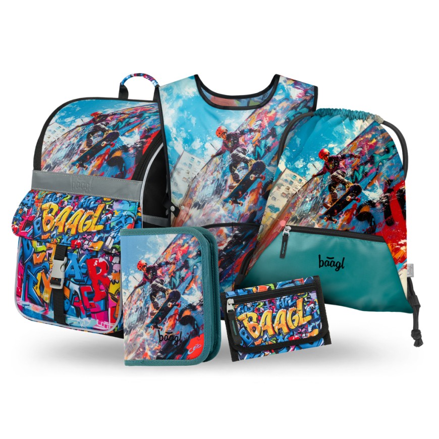 BAAGL SET 5 Zippy Skatepark: aktovka, penál, sáček, zástěra, peněženka BAAGL SET 5 Zippy Skatepark: aktovka, penál, sáček, zástěra, peněženka