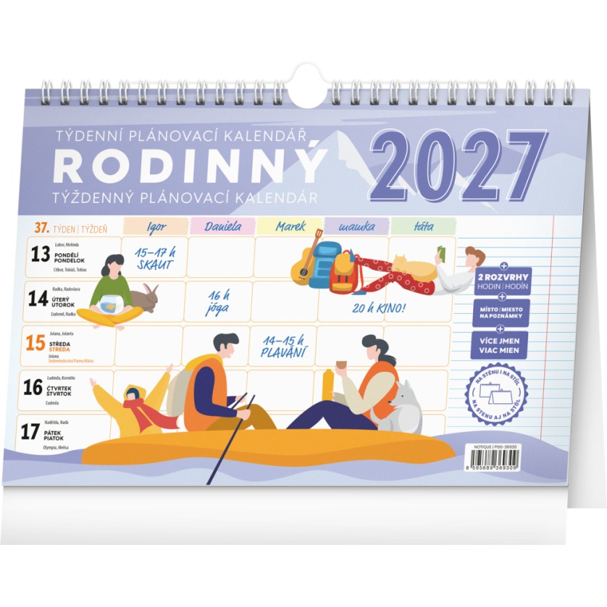 NOTIQUE Týdenní rodinný plánovací kalendář s háčkem 2027, 30 x 21 cm