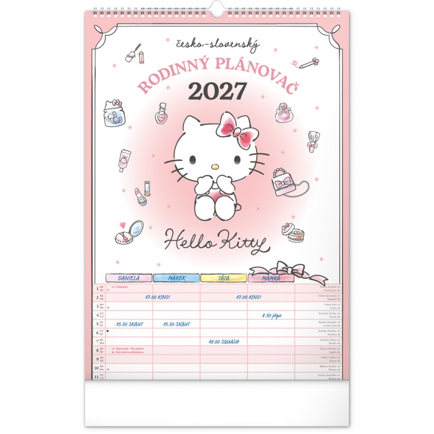 NOTIQUE Nástěnný kalendář Rodinný plánovací Hello Kitty XL 2027, 33 x 46 cm